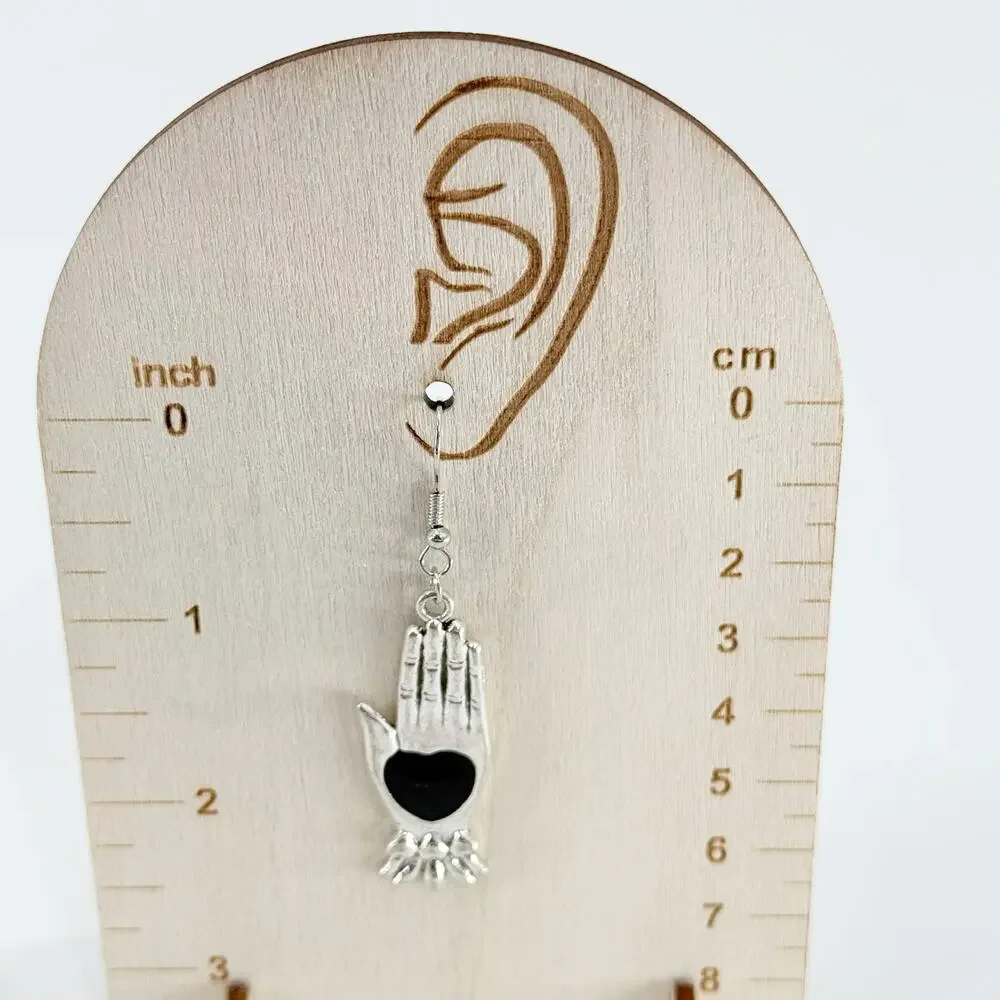 Silver Hamsa Hand Dangle Earrings | Black Heart Evil Eye Protection Jewelry